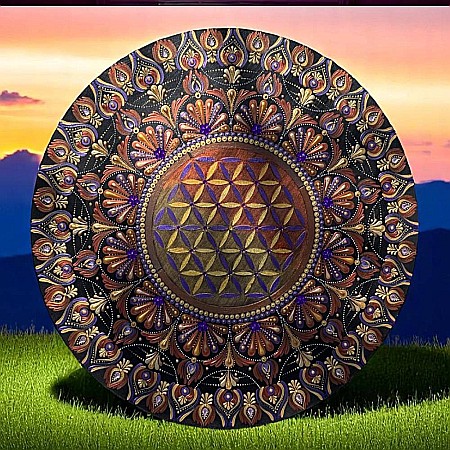 Tablou Mandala pictat manual cu Floarea Vietii in nuante de auriu, mov, cupru, 60 cm [3]