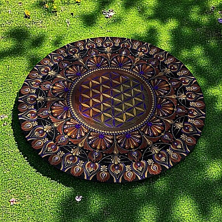 Tablou Mandala pictat manual cu Floarea Vietii in nuante de auriu, mov, cupru, 60 cm [1]