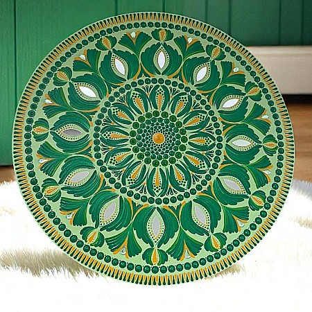 Tablou Mandala pictat manual in culori verzi cu galben ocru si oglinzi, 40 cm [3]