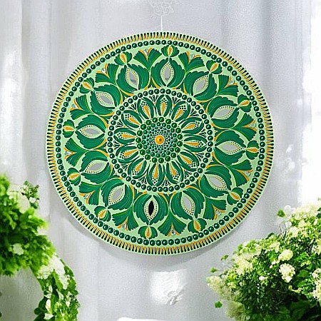 Tablou Mandala pictat manual in culori verzi cu galben ocru si oglinzi, 40 cm [1]