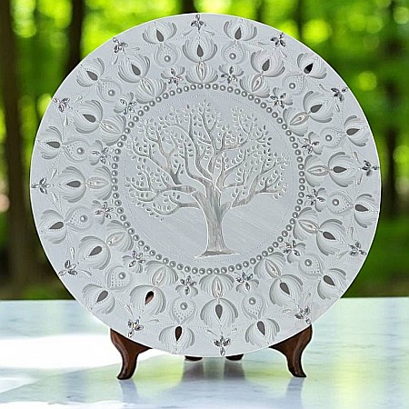 Tablou Mandala Unicat pictat manual in culori alb-gri-argintiu, cu Copacul Vietii si oglinzi, 60 cm [4]