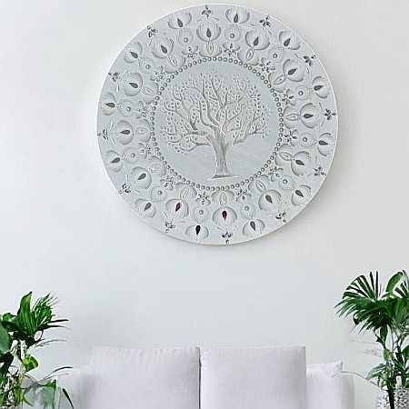 Tablou Mandala Unicat pictat manual in culori alb-gri-argintiu, cu Copacul Vietii si oglinzi, 60 cm [6]