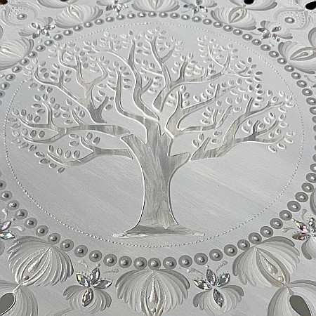 Tablou Mandala Unicat pictat manual in culori alb-gri-argintiu, cu Copacul Vietii si oglinzi, 60 cm [1]