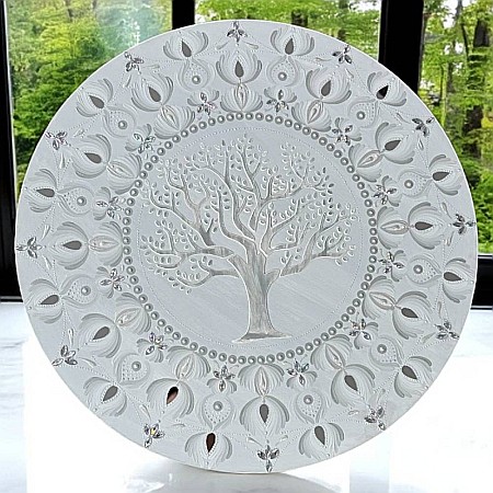 Tablou Mandala Unicat pictat manual in culori alb-gri-argintiu, cu Copacul Vietii si oglinzi, 60 cm [2]