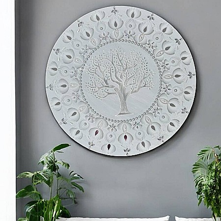 Tablou Mandala Unicat pictat manual in culori alb-gri-argintiu, cu Copacul Vietii si oglinzi, 60 cm [5]