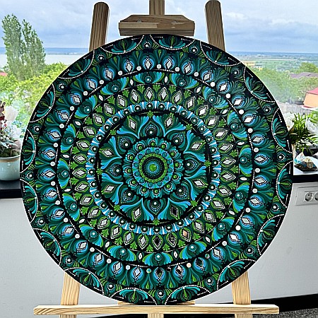 Tablouri Mandala - Tablou Mandala Unicat pictat manual in tehnica punctului, cu oglinzi, verde-albastru, 60 cm