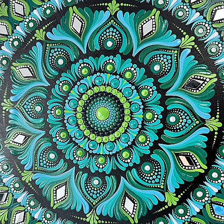 Tablou Mandala Unicat pictat manual in tehnica punctului, cu oglinzi, verde-albastru, 60 cm [2]