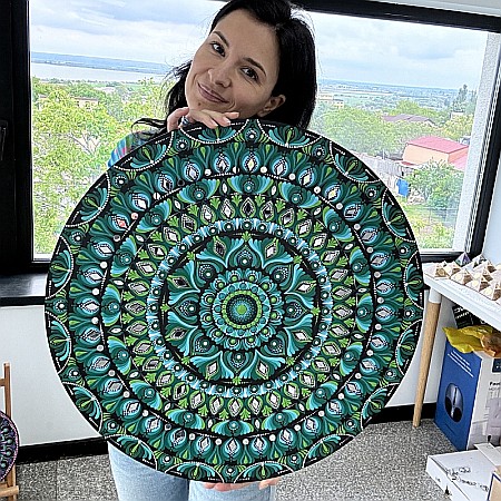Tablou Mandala Unicat pictat manual in tehnica punctului, cu oglinzi, verde-albastru, 60 cm [1]