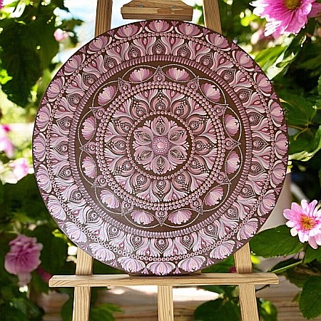 Tablouri Mandala - Tablou Mandala Unicat 'Serenitate in Roz' pictat manual pe suport de lemn de 60 cm