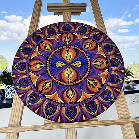 Tablouri Mandala - Tablou Purple Mandala Unicat pictat in tehnica punctului pe suport de lemn