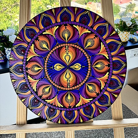 Tablou Purple Mandala Unicat pictat in tehnica punctului pe suport de lemn [3]