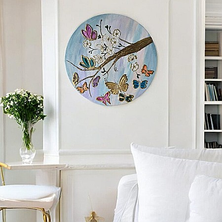 Tablouri Mandala - Tablou unicat pictat manual 'Fluturi in Copacul Inflorit', pe canvas- 40 cm