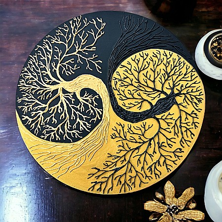 Tablou Yin si Yang Copacul Vietii negru-auriu, realizat pe suport de lemn de 30 cm [1]