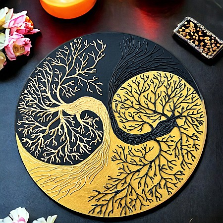 Tablou Yin si Yang Copacul Vietii negru-auriu, realizat pe suport de lemn de 30 cm [5]