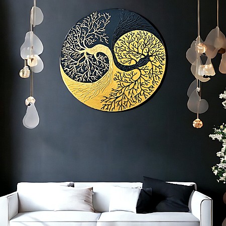 Tablou Yin si Yang Copacul Vietii negru-auriu, realizat pe suport de lemn de 30 cm [2]