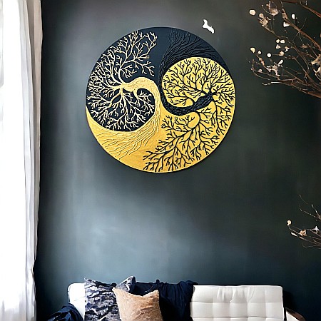 Tablouri Mandala - Tablou Yin si Yang Copacul Vietii negru-auriu, realizat pe suport de lemn de 30 cm