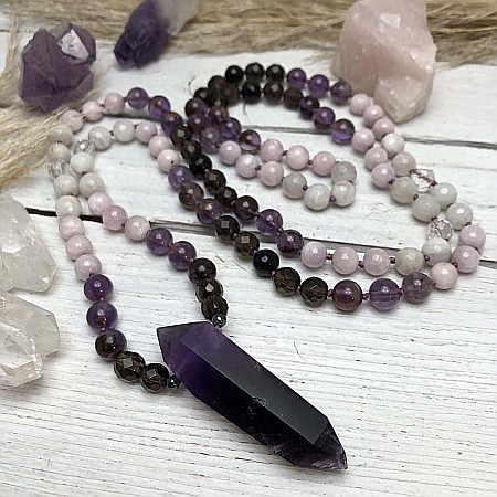 Tanay, Colier Mala 108 cu varf dublu de Ametist si margele de Kunzit, Smoky Quartz si Cuart transparent [4]