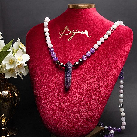 Tanay, Colier Mala 108 cu varf dublu de Ametist si margele de Kunzit, Smoky Quartz si Cuart transparent [8]