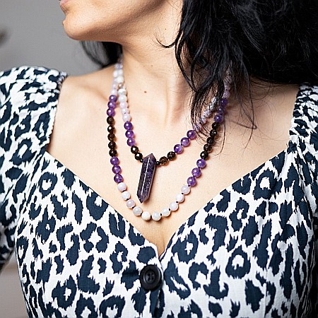 Tanay, Colier Mala 108 cu varf dublu de Ametist si margele de Kunzit, Smoky Quartz si Cuart transparent [9]