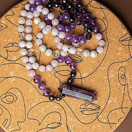 Tanay, Colier Mala 108 cu varf dublu de Ametist si margele de Kunzit, Smoky Quartz si Cuart transparent [6]