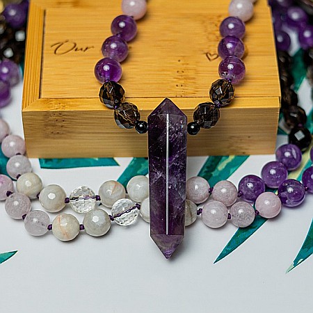 Tanay, Colier Mala 108 cu varf dublu de Ametist si margele de Kunzit, Smoky Quartz si Cuart transparent [7]