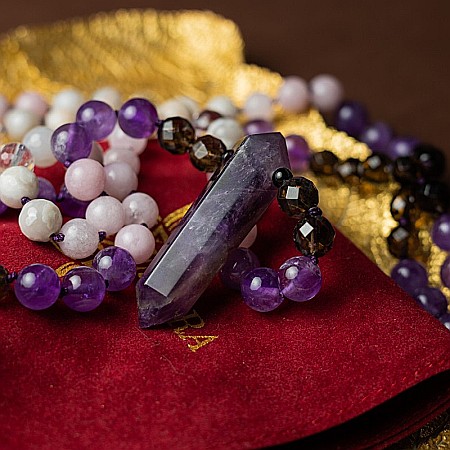 Tanay, Colier Mala 108 cu varf dublu de Ametist si margele de Kunzit, Smoky Quartz si Cuart transparent [2]