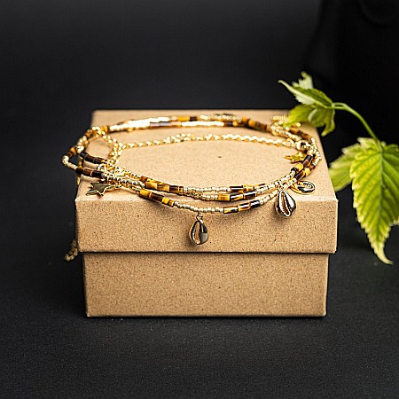 Galben - Lant de talie/Corp versatil din cristale de Ochi de Tigru, placat cu aur de 18K