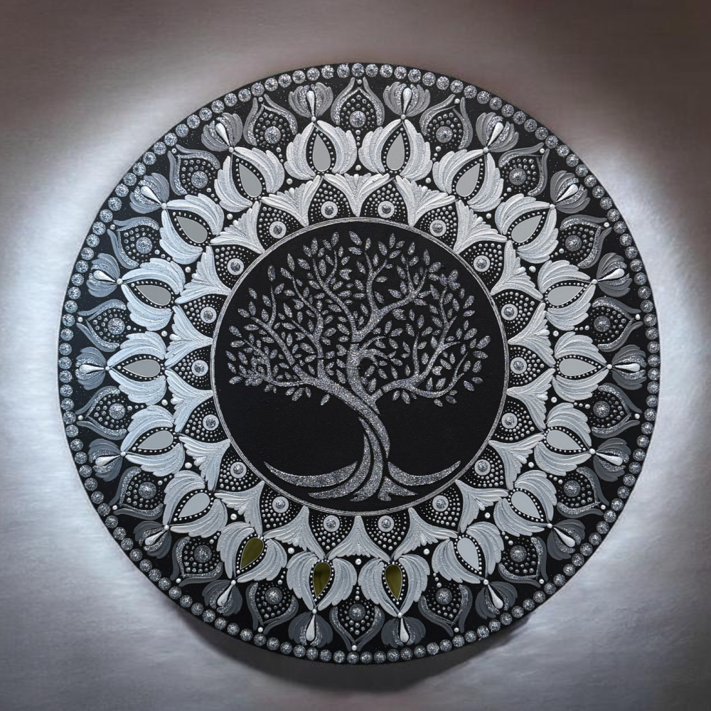 O mandala sclipitoare- Copacul Vietii- Negru-Argintiu- 40 cm