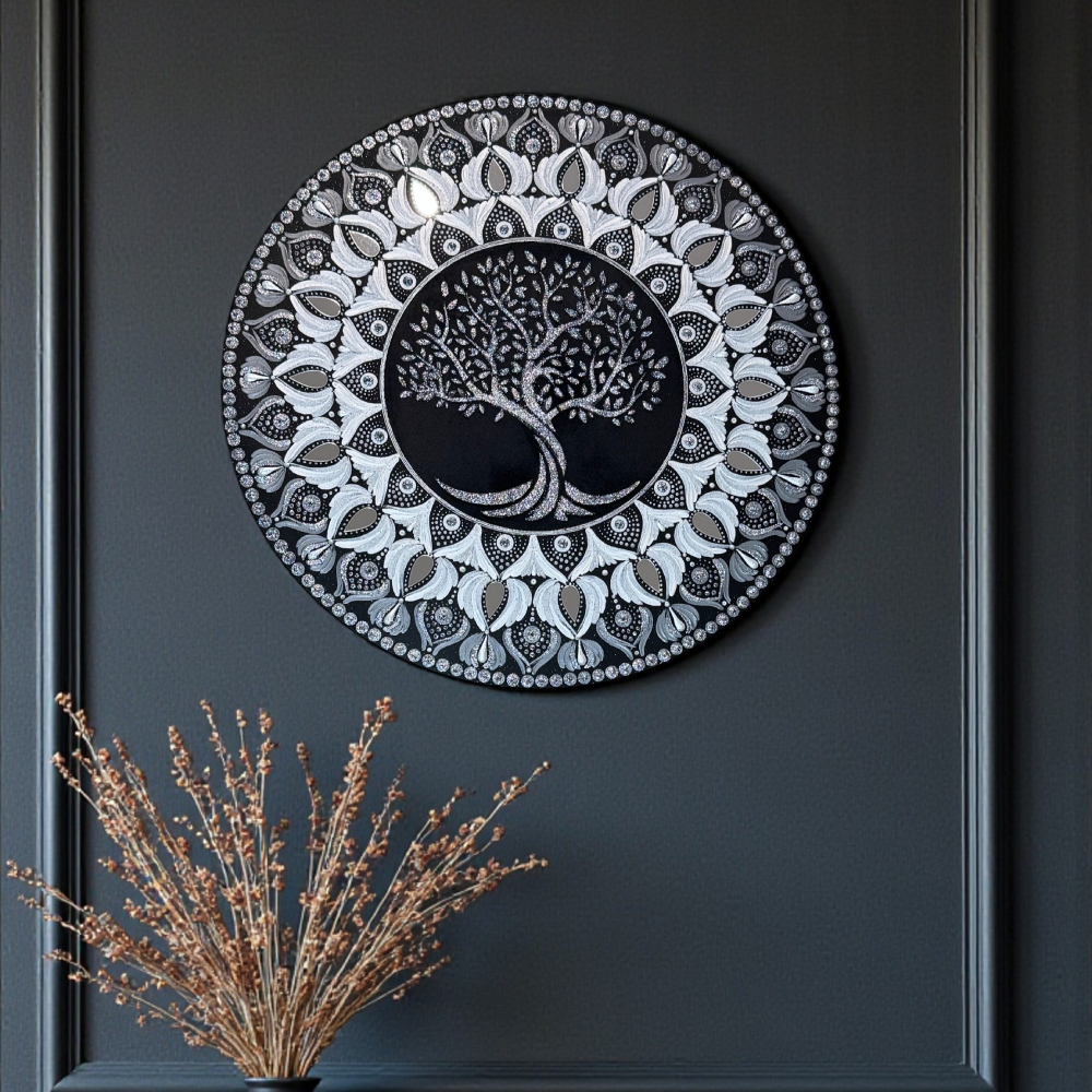 O mandala sclipitoare- Copacul Vietii- Negru-Argintiu- 40 cm