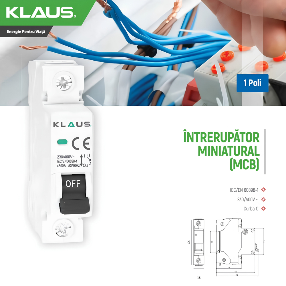 Intrerupator circuit miniaturial MCB 4.5KA 1P 10A C, KE40110 - Klaus [4]