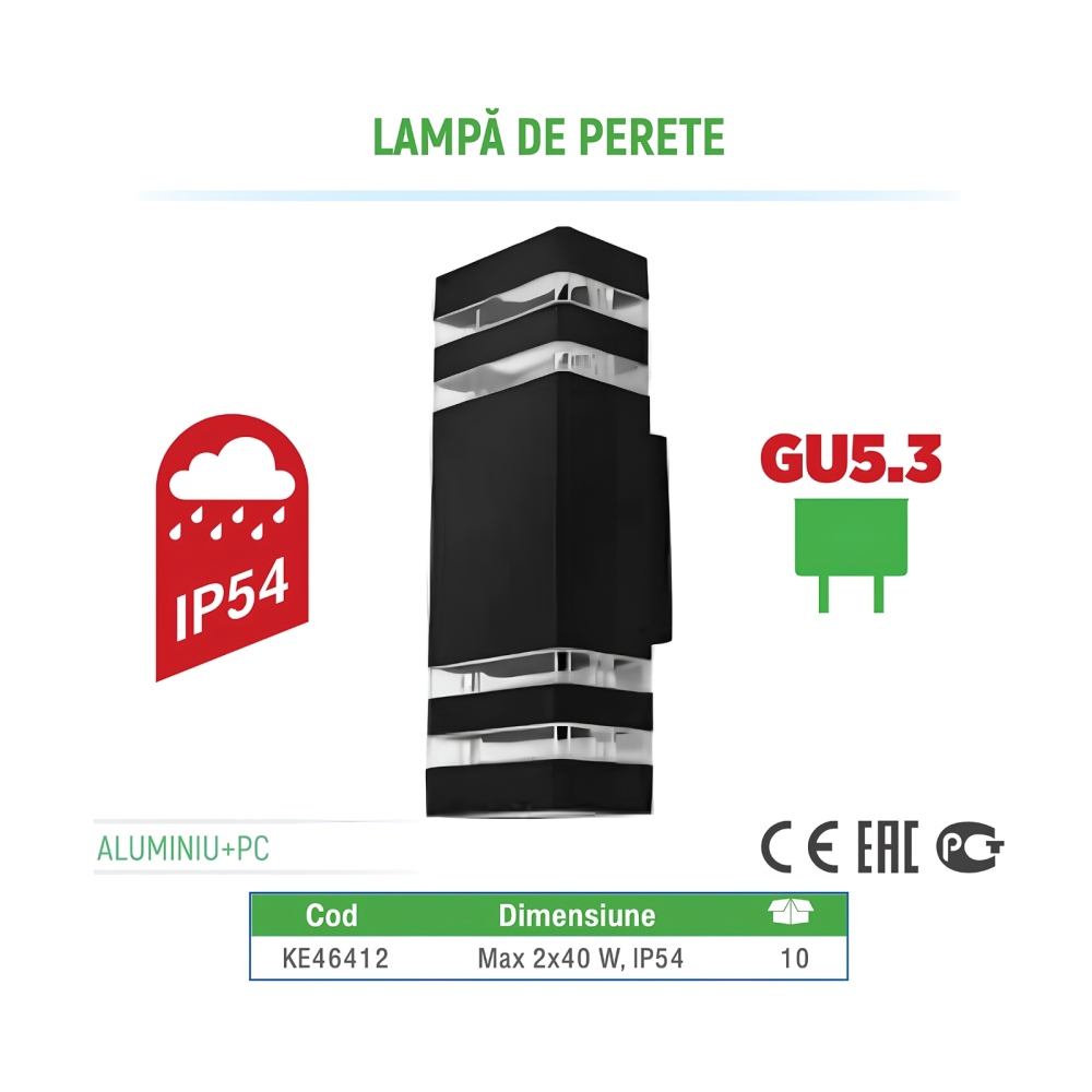 Lampa de perete 2xGU5.3 IP54, Negru, dimensiune 100x110 mm, KE46412 - Klaus [2]