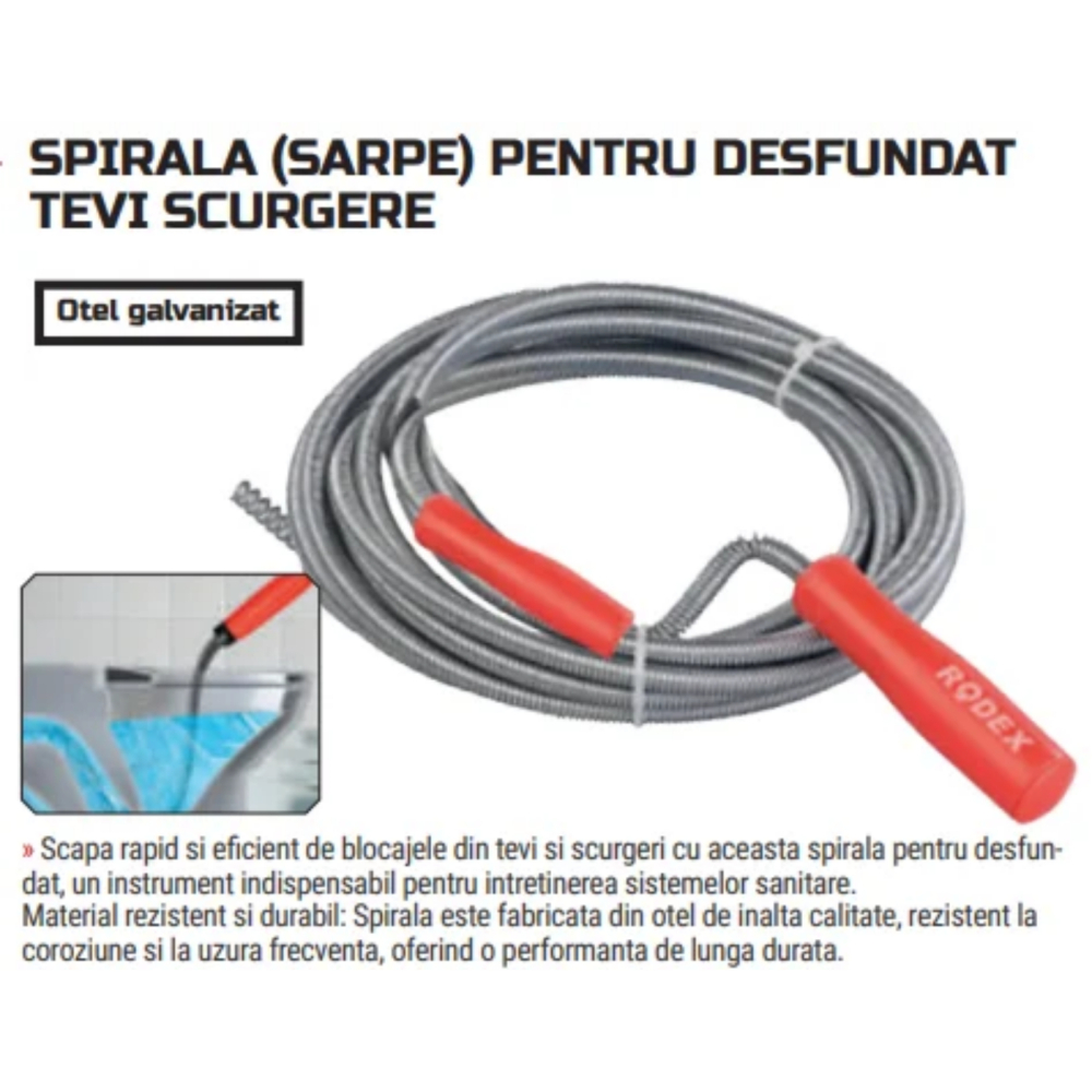 Sarma spiralata pentru desfundare scurgere 9 mm x 8 m lungime - Rodex [3]