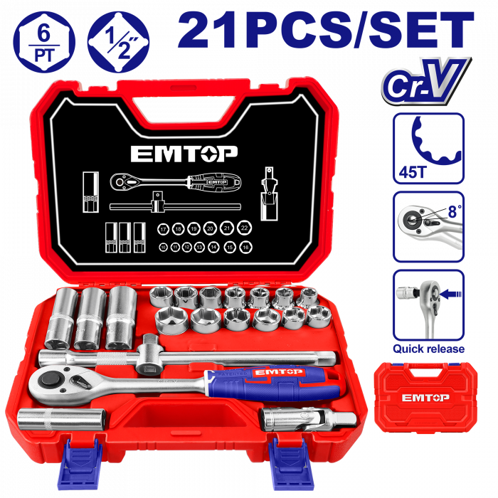 Set tubulare cu clichet 1/2", 21 componente, cutie de transport inclusa, EMTOP [1]