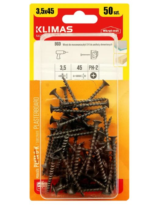 Surub pentru fixarea placilor de gips-carton pe suporturi din lemn, FT 3.5x45mm 50 bucati/blister - BGD-35045, Klimas Wkret-met [2]