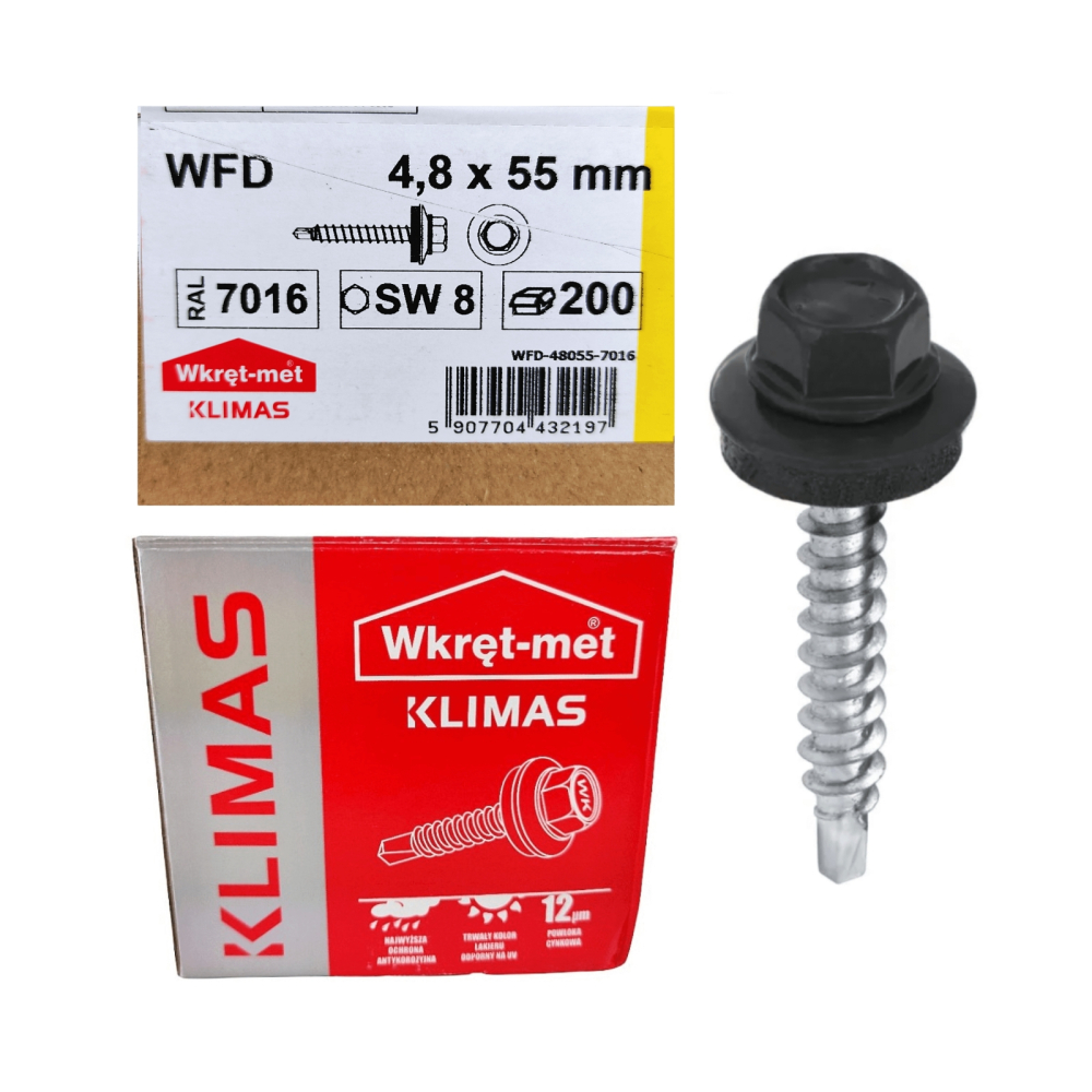 Surub autoforant pentru tabla, cap hexagonal 4.8x55mm RAL 7016- 200 buc/cutie - WFD-48055-7016, Klimas Wkret-met [3]