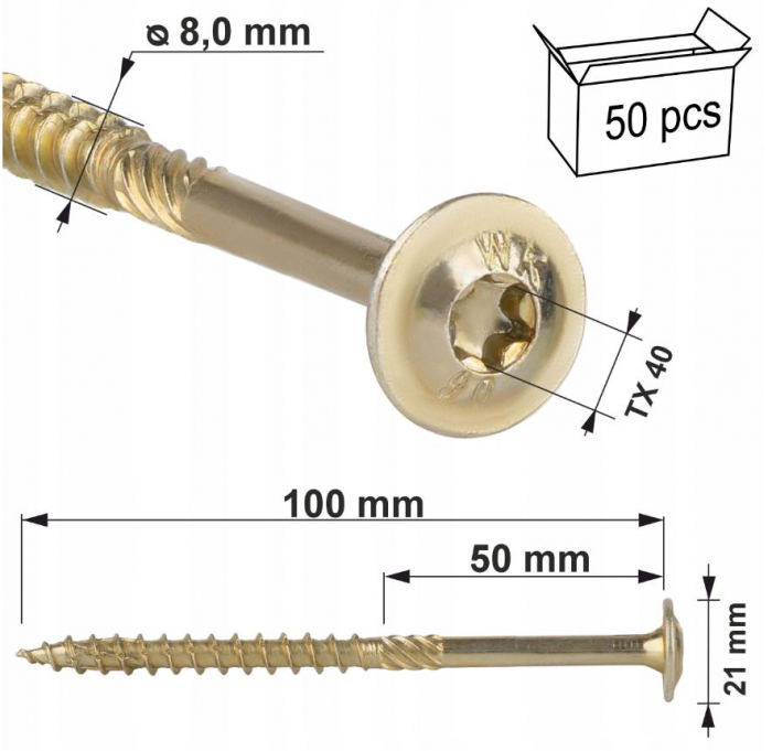 Surub pentru lemn cu saiba, TORX 8x100mm - WKCP-08100, Wrek-met KLIMAS [9]