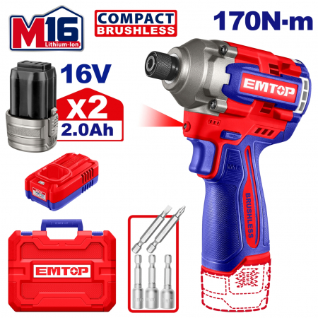 Masini de gaurit si insurubat - Bormasina cu impact pe acumulator 170Nm 16V, EMTOP