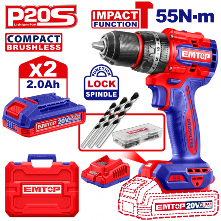 Scule electrice, unelte si accesorii - Bormasina cu impact pe acumulator, 55Nm, 20V, cu 2 acumulatori 2.0Ah si incarcator, EMTOP