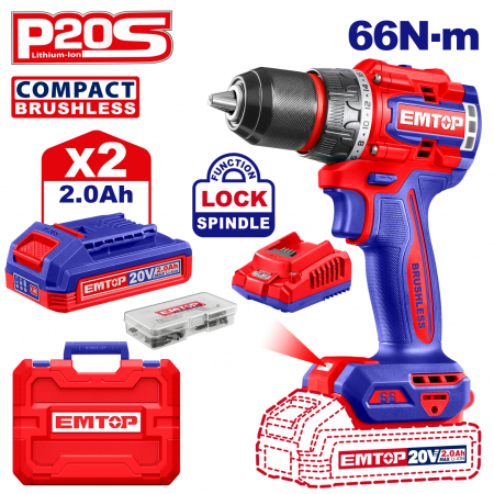 Scule electrice - Bormasina cu impact pe acumulator 66Nm, 20V, cu 2 acumulatori 2.0Ah si incarcator inclus, EMTOP