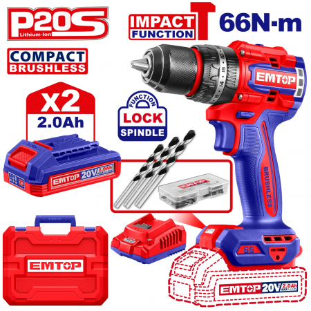 Masini de gaurit si insurubat - Bormasina cu impact pe acumulator, 66Nm, 20V, cu 2 acumulatori de 2.0Ah si incarcator, EMTOP