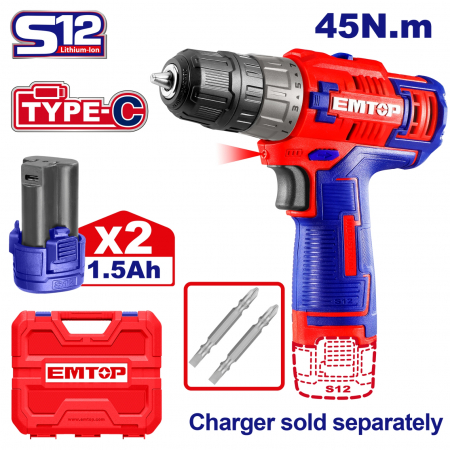Masini de gaurit si insurubat - Bormasina pe acumulator, 45Nm, 12V, 2 acumulatori de 1.5Ah inclusi, EMTOP