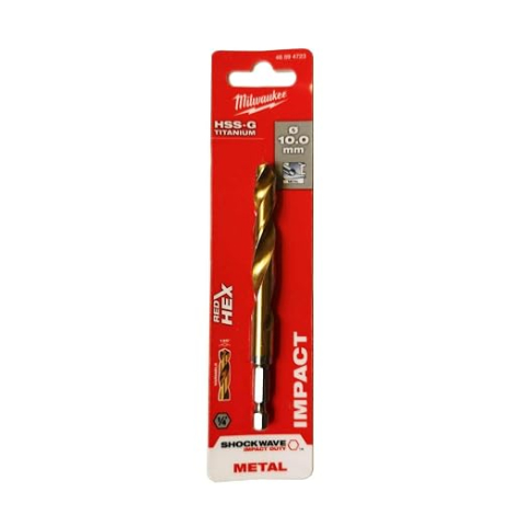 Burghiu Metal Milwaukee Shockwave HSS-G TiN 10 mm, Prindere Hexagonală 1/4", Vârf 135°, Cod 48894723 [1]