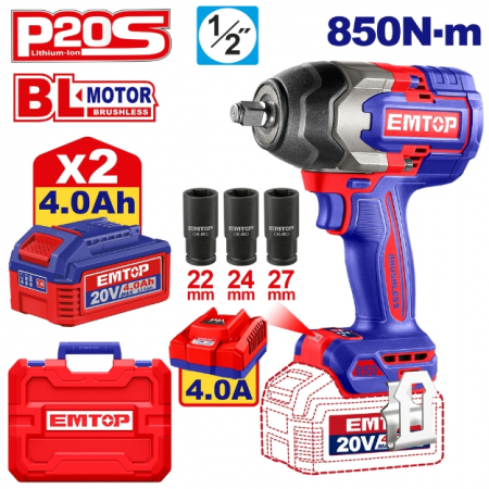 Scule electrice, unelte si accesorii - Cheie de impact si insurubat cu 2 acumulatori 4.0AH, motor fara perii (brushless), 850Nm, cutie de transport, EMTOP