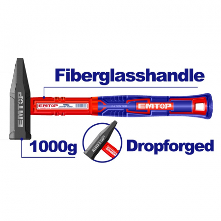 Ciocane lacatuserie - Ciocan cu maner din fibra de sticla, 1000g, EMTOP