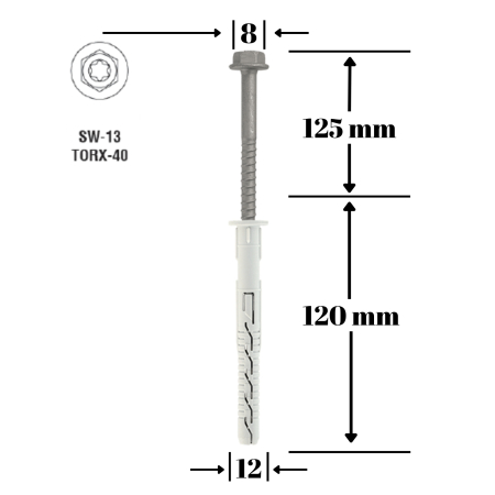Dibluri cu surub - Diblu cu surub, cap hexagonal TX40, 12x120/8x125 mm, KPR-FAST-12120K, 25 buc/cutie - Wrek-met KLIMAS