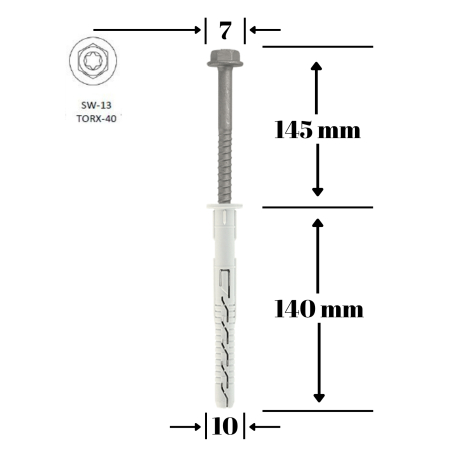 Dibluri cu holsurub - Diblu cu Surub, cap hexagonal si mufa TX40, 10x140/7x145mm - 25 bucati/cutie - KPR-FAST-10140K(25), Klimas Wkret-met
