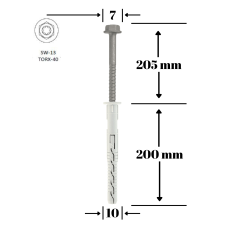 Dibluri cu holsurub - Diblu cu Surub, cap hexagonal si mufa TX40, 10x200/7x205mm - 25 bucati/cutie - KPR-FAST-10200K, Klimas Wkret-met