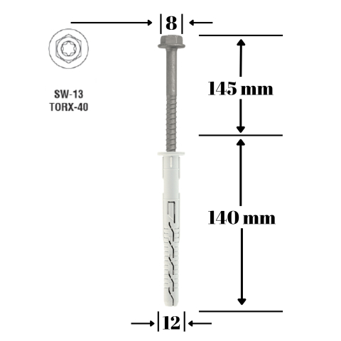 Dibluri cu surub - Diblu cu surub cap hexagonal TX40, 12x140/ 8x145mm, KPR-FAST-12140K, 25 buc/cutie - Wrek-met KLIMAS
