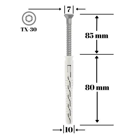 Dibluri cu surub - Diblu cu surub cap inecat TX30, 10x80/7x85 mm,  50 buc/cutie - KLIMAS Wrek-met
