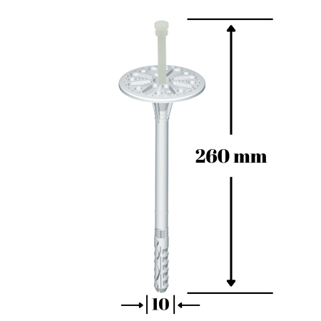 Dibluri pentru termoizolatii - Diblu fixare polistiren pe caramida, BCA si beton,  LT 10x260mm - 100 bucati/cutie, LTX10260(100) Wrek-met KLIMAS